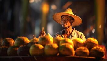 ai généré souriant agriculteur en portant citrouille, célébrer récolte à traditionnel l'automne Festival généré par ai photo