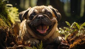 ai généré mignonne chiot séance en plein air, à la recherche à caméra généré par ai photo