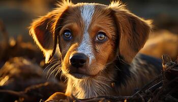 ai généré mignonne chiot séance en plein air, à la recherche à caméra généré par ai photo