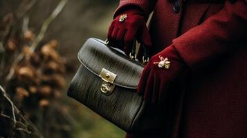 ai généré mode, accessoire et style, l'automne hiver vêtements pour femmes Vêtements collection, gants et Sac à main, Anglais campagne Regardez photo