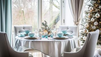 ai généré Noël vacances famille petit-déjeuner, table réglage décor et de fête paysage de table, Anglais pays et Accueil coiffant photo