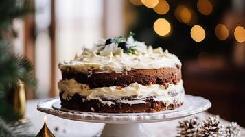 ai généré Noël gâteau, vacances recette et Accueil pâtisserie, pudding avec crémeux glaçage pour confortable hiver vacances thé dans le Anglais pays chalet, fait maison nourriture et cuisine photo