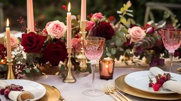 ai généré mariage et un événement fête paysage de table avec fleurs, formel dîner table réglage avec des roses et vin, élégant floral table décor pour dîner fête et vacances décoration, Accueil coiffant photo