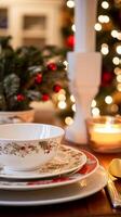 ai généré vaisselle et vaisselle ensemble pour hiver vacances famille dîner, Noël articles ménagers décor pour vacances dans le Anglais pays loger, cadeau ensemble et Accueil coiffant photo