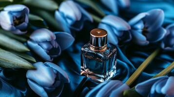 ai généré parfum bouteille dans fleurs, fragrance sur épanouissement arrière-plan, floral parfum et cosmétique produit photo