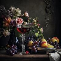 impérial encore vie, avec une verre de rouge vin, une prime de Frais fruit, et une classique vase débordé avec fleurs photo