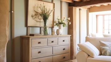 ai généré ferme intérieur conception, Accueil décor, vivant pièce ou couloir décor, la commode, canapé et meubles dans Anglais pays maison et élégant chalet style photo