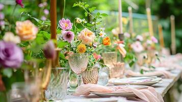 ai généré jardin fête paysage de table, élégance avec floral table décor photo