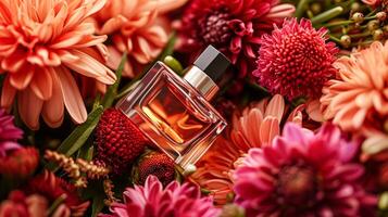 ai généré parfum bouteille dans fleurs, fragrance sur épanouissement arrière-plan, floral parfum et cosmétique produit photo