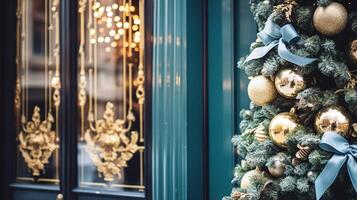 ai généré Noël décoration détails sur Anglais stylé luxe haute rue ville boutique porte ou achats fenêtre afficher, vacances vente et magasin décor photo