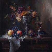 ai généré richement texturé encore la vie peinture, avec une foncé bouteille de vin, une rempli verre, et une assiette de mûr les raisins et les pêches photo