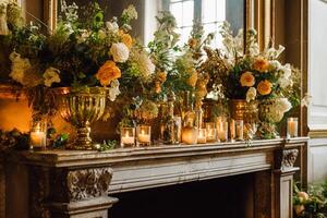 ai généré floral décoration, mariage décor et l'automne vacances fête, automnal fleurs et un événement décorations dans le Anglais campagne Manoir domaine, pays style photo