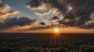 ai généré Soleil des rayons par le des nuages, coucher de soleil, d'or heure, bleu ciel avec des nuages, des nuages dans le ciel, panoramique vue de des nuages, nuage Contexte photo