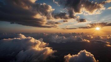 ai généré Soleil des rayons par le des nuages, coucher de soleil, d'or heure, bleu ciel avec des nuages, des nuages dans le ciel, panoramique vue de des nuages, nuage Contexte photo