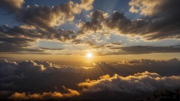 ai généré Soleil des rayons par le des nuages, coucher de soleil, d'or heure, bleu ciel avec des nuages, des nuages dans le ciel, panoramique vue de des nuages, nuage Contexte photo