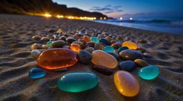 ai généré magnifique plage coloré des pierres dans le plage côté avec vagues à le nuit, phosphore des pierres, coloré plage des pierres Contexte photo