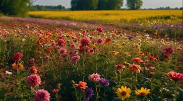 ai généré magnifique fleur champ, été scène, magnifique fleurs dans le champ, vert nature, panoramique vue photo