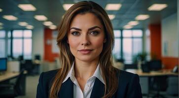 ai généré portrait de une professionnel femme d'affaires dans le bureau, portrait de Bureau fille, femme d'affaires à le travail dans Bureau photo