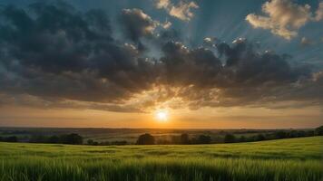 ai généré une le coucher du soleil plus de une vert champ avec le Soleil brillant par le des nuages et le Soleil brillant par le feuilles, vent en mouvement vert herbe, panoramique voir, été paysage photo