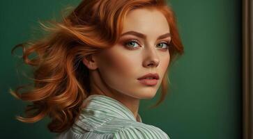 ai généré portrait de une mode femme, façonné Cheveux de une femme, portrait de une jolie Jeune mode modèle, jolie mode fille dans studio photo