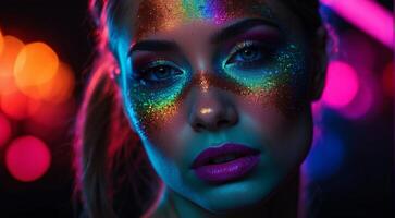 ai généré portrait de une femme avec Créatif faire en haut, jolie Jeune femme uv néon pigment maquillage fluorescent couleurs, foncé arrière-plan, uv maquillage photo