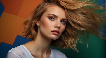 ai généré portrait de une mode femme, façonné Cheveux de une femme, portrait de une jolie Jeune mode modèle, jolie mode fille dans studio photo