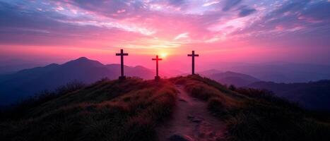 ai généré crucifixion et résurrection de Jésus à le coucher du soleil. Trois en bois des croix contre magnifique le coucher du soleil dans le montagnes. catholicisme symboles. Pâques concept. photo