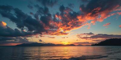 ai généré calme mer le coucher du soleil paysage. violet, rose, Orange ardent d'or heure soir ciel dans le horizon. pleine conscience, méditation, calme, sérénité, relaxation concept fond d'écran Contexte photo