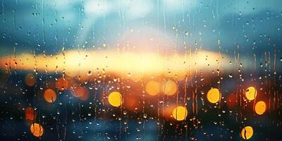 ai généré pluvieux fenêtre avec floue ville lumières dans le Contexte à le coucher du soleil. bokeh en dehors de concentrer se brouiller, du froid temps, mélancolique humeur, d'or heure rayons de soleil, désir concept toile de fond photo