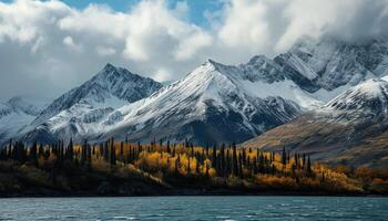 ai généré neigeux montagnes de Alaska, paysage avec les forêts, vallées, et rivières dans jour. serein région sauvage la nature composition Contexte fond d'écran, Voyage destination, aventure en plein air photo