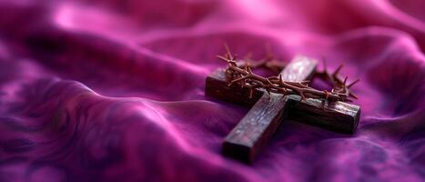 ai généré bois traverser et une couronne de les épines plus de doux violet en tissu pour Pâques. catholicisme symbole. photo