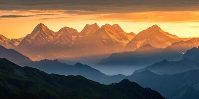 ai généré Suisse Alpes neigeux Montagne intervalle avec vallées et prairies, campagne dans Suisse paysage. d'or heure majestueux ardent le coucher du soleil ciel, Voyage destination fond d'écran Contexte photo