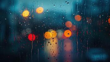 ai généré pluvieux fenêtre avec floue ville lumières dans le Contexte. bokeh en dehors de concentrer se brouiller, sombre temps, mélancolique humeur, tristesse, désir, la dépression concept toile de fond photo
