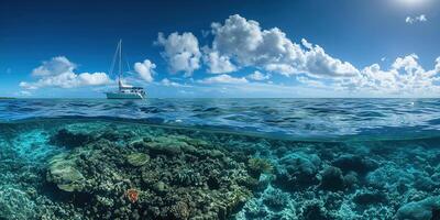ai généré génial barrière récif sur le côte de Queensland, Australie paysage marin. corail mer Marin écosystème sous-marin Divisé vue avec une bleu lumière du jour ciel fond d'écran Contexte photo