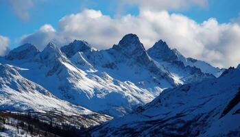 ai généré neigeux montagnes de Alaska, paysage avec les forêts, vallées, et rivières dans jour. Stupéfiant la nature composition Contexte fond d'écran, Voyage destination, aventure en plein air photo