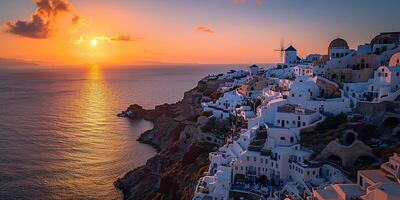 ai généré Santorin thira île dans du sud égéen mer, Grèce le coucher du soleil. fira et oia ville avec blanc Maisons surplombant falaises, des plages, et petit îles panorama Contexte fond d'écran photo