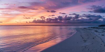 ai généré calme mer le coucher du soleil paysage. violet, rose, Orange ardent d'or heure soir ciel dans le horizon. pleine conscience, méditation, calme, sérénité, relaxation concept fond d'écran Contexte photo