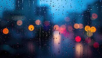 ai généré pluvieux fenêtre avec floue ville lumières dans le Contexte. bokeh en dehors de concentrer se brouiller, sombre temps, mélancolique humeur, tristesse, désir, la dépression concept toile de fond photo