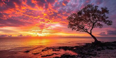ai généré une silhouette de une arbre sur un île plage le coucher du soleil paysage. d'or heure soir ciel dans le horizon. pleine conscience, méditation, calme, sérénité, relaxation concept Contexte photo