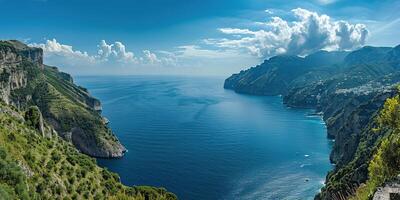 ai généré amalfi côte littoral dans sorrentin péninsule, Campanie région, Italie. vacances destination littoral avec collines, des plages, et falaises, mer voir, bleu ciel journée fond d'écran Contexte photo