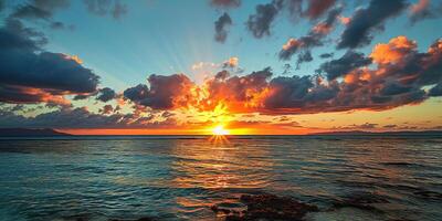 ai généré calme mer le coucher du soleil paysage. violet, rose, Orange ardent d'or heure soir ciel dans le horizon. pleine conscience, méditation, calme, sérénité, relaxation concept fond d'écran Contexte photo