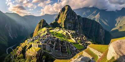 ai généré historique sanctuaire de machu Picchu sur une Montagne crête, est cordillère de du sud Pérou. inca citadelle dans le andes montagnes, ancien civilisation, le coucher du soleil panorama paysage photo