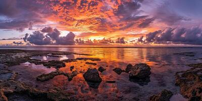 ai généré génial barrière récif sur le côte de Queensland, Australie rocheux plage paysage marin. rochers et cailloux, violet et Orange d'or heure le coucher du soleil soir ciel horizon mer fond d'écran Contexte photo