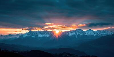 ai généré Suisse Alpes neigeux Montagne intervalle avec vallées et prairies, campagne dans Suisse paysage. d'or heure majestueux ardent le coucher du soleil ciel, Voyage destination fond d'écran Contexte photo