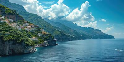 ai généré amalfi côte littoral dans sorrentin péninsule, Campanie région, Italie. vacances destination littoral avec collines, des plages, et falaises, mer voir, bleu ciel journée fond d'écran Contexte photo