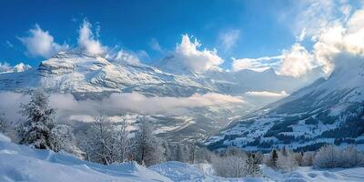 ai généré Suisse Alpes Montagne intervalle avec luxuriant forêt vallées et prairies, campagne dans Suisse paysage. neigeux Montagne hauts dans le horizon, Voyage destination fond d'écran Contexte photo