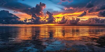 ai généré calme mer le coucher du soleil paysage. violet, rose, Orange ardent d'or heure soir ciel dans le horizon. pleine conscience, méditation, calme, sérénité, relaxation concept fond d'écran Contexte photo