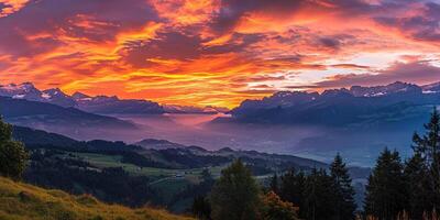 ai généré Suisse Alpes neigeux Montagne intervalle avec vallées et prairies, campagne dans Suisse paysage. d'or heure majestueux ardent le coucher du soleil ciel, Voyage destination fond d'écran Contexte photo