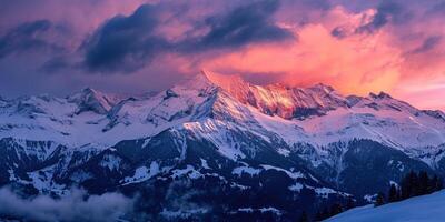 ai généré Suisse Alpes neigeux Montagne intervalle avec vallées et prairies, campagne dans Suisse paysage. d'or heure majestueux ardent le coucher du soleil ciel, Voyage destination fond d'écran Contexte photo