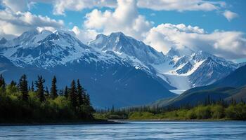 ai généré neigeux montagnes de Alaska, paysage avec les forêts, vallées, et rivières dans jour. Stupéfiant la nature composition Contexte fond d'écran, Voyage destination, aventure en plein air photo